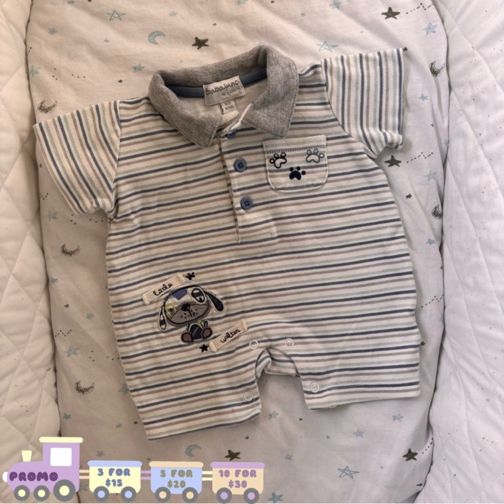 ⭒ 0-3M Babaluno Striped Short Sleeve Romper Dog Embroidery Paw Patch Button-Up ⭒